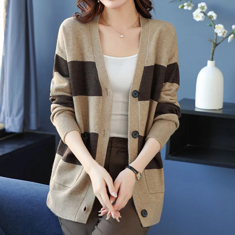 Clothes for Women 2024 Autumn Winter Vintage Striped Button Knitted Cardigan Korean Simple V Neck Long Sleeve Loose Sweater Coat