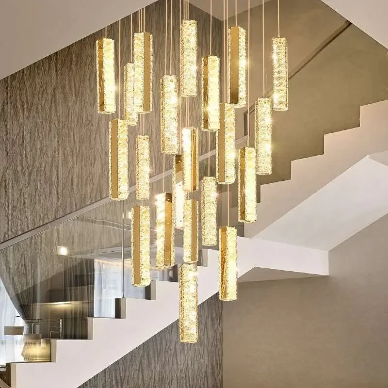 

Luxury LED Crystal Chandelier Golden Silver Pendant Lamp Duplex Building Spiral Staircase Hanging Kitchen Island