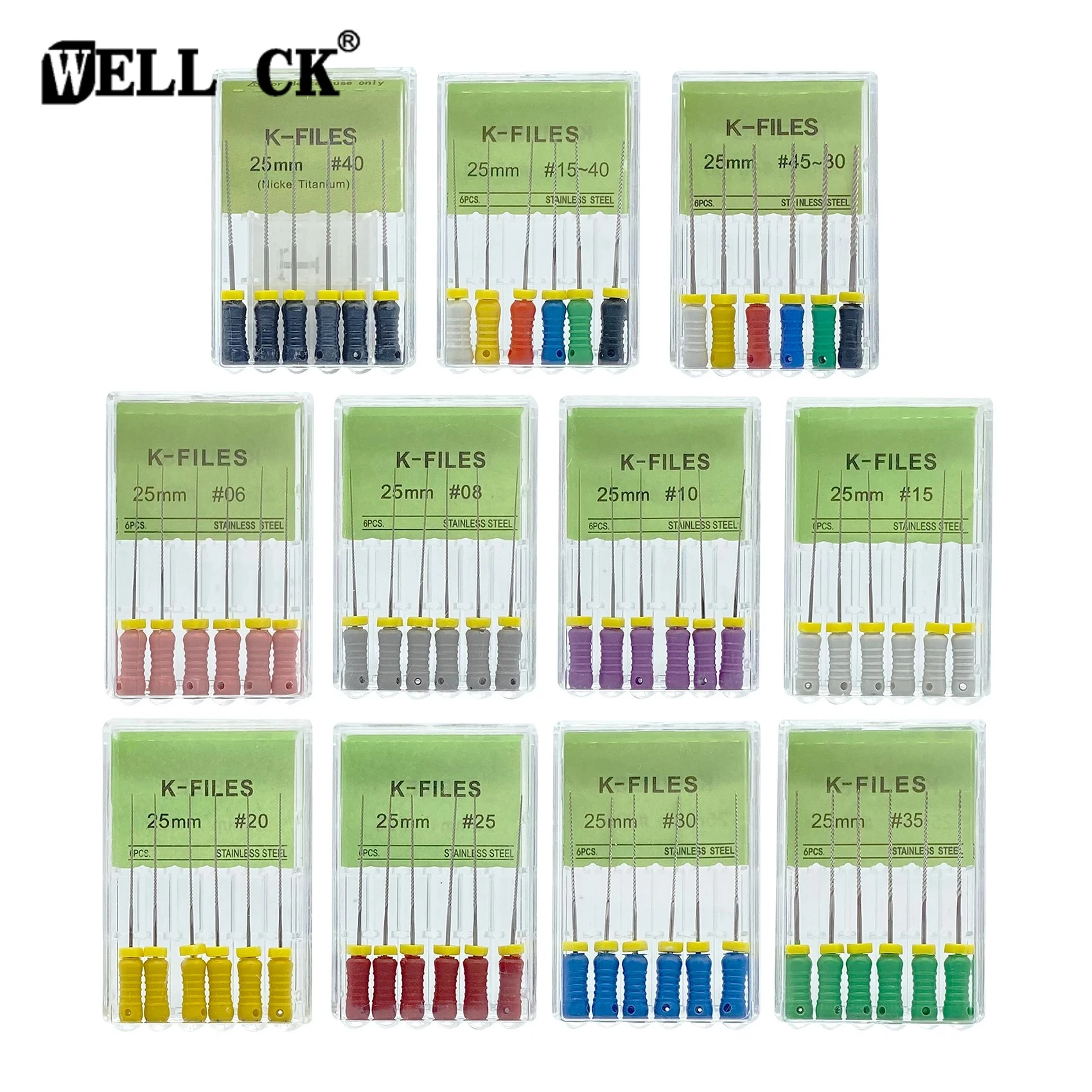 WELLCK Paquete de 6 Limas Dentales K de Acero Inoxidable de 21/25mm/31mm para Uso Manual, Limas Endodónticas para Conductos Radiculares, Herramientas Dentales, Limas de Laboratorio