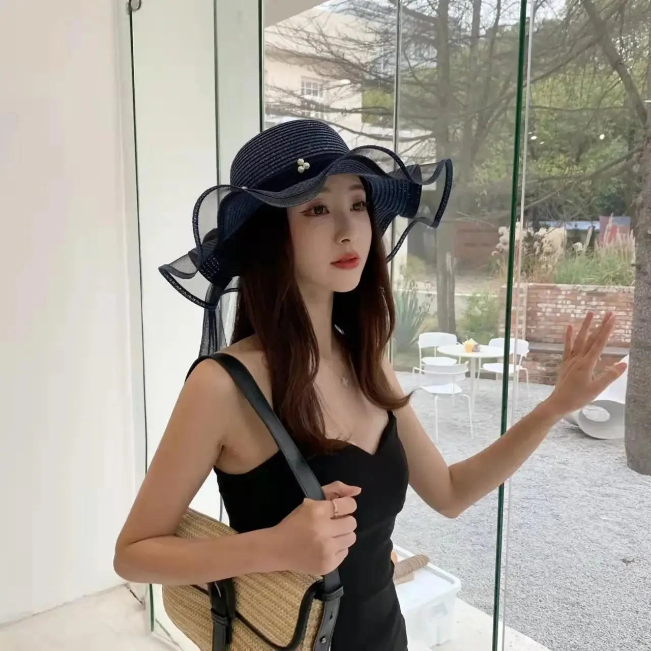 جديد طوي واسعة الحواف فتاة القش اللؤلؤ قبعة الشمس الشاطئ موجة قبعة الأشعة فوق البنفسجية حماية السفر قبعة سيدة قبعة للشاطئ هدية عيد ميلاد #3