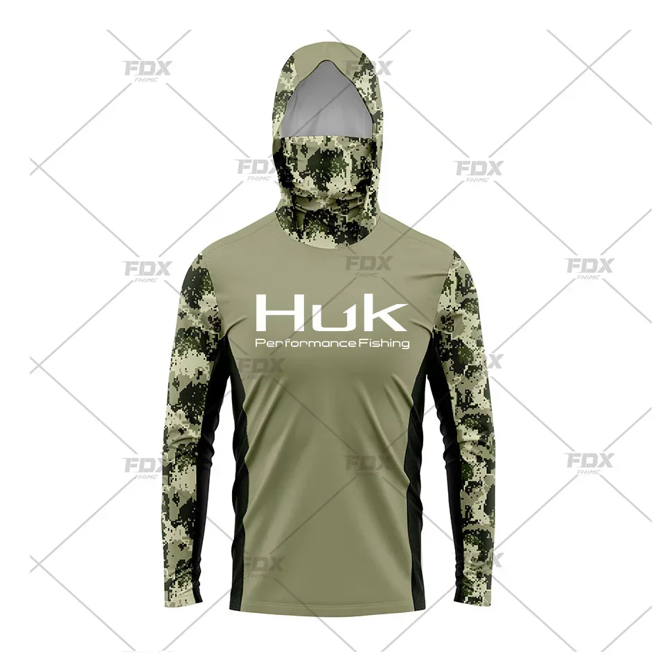 

HUK Men Fishing Hoodie Cartoon Shirts Neck Mask Long Sleeve Quick Dry Fishing Apparel Cap Breathable UV Protection Angling Tops