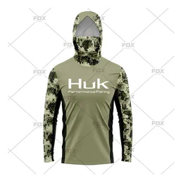 HUK Men Fishing Hoodie Cartoon Shirts Neck Mask Long Sleeve Quick Dry Fishing Apparel Cap Breathable UV Protection Angling Tops
