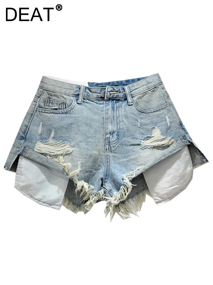 

DEAT Women's Denim Shorts Low Waist Wide Leg Off Pockets Colorful Broken Holes Burrs Short Pants 2024 Autumn New Fashion 29L7207