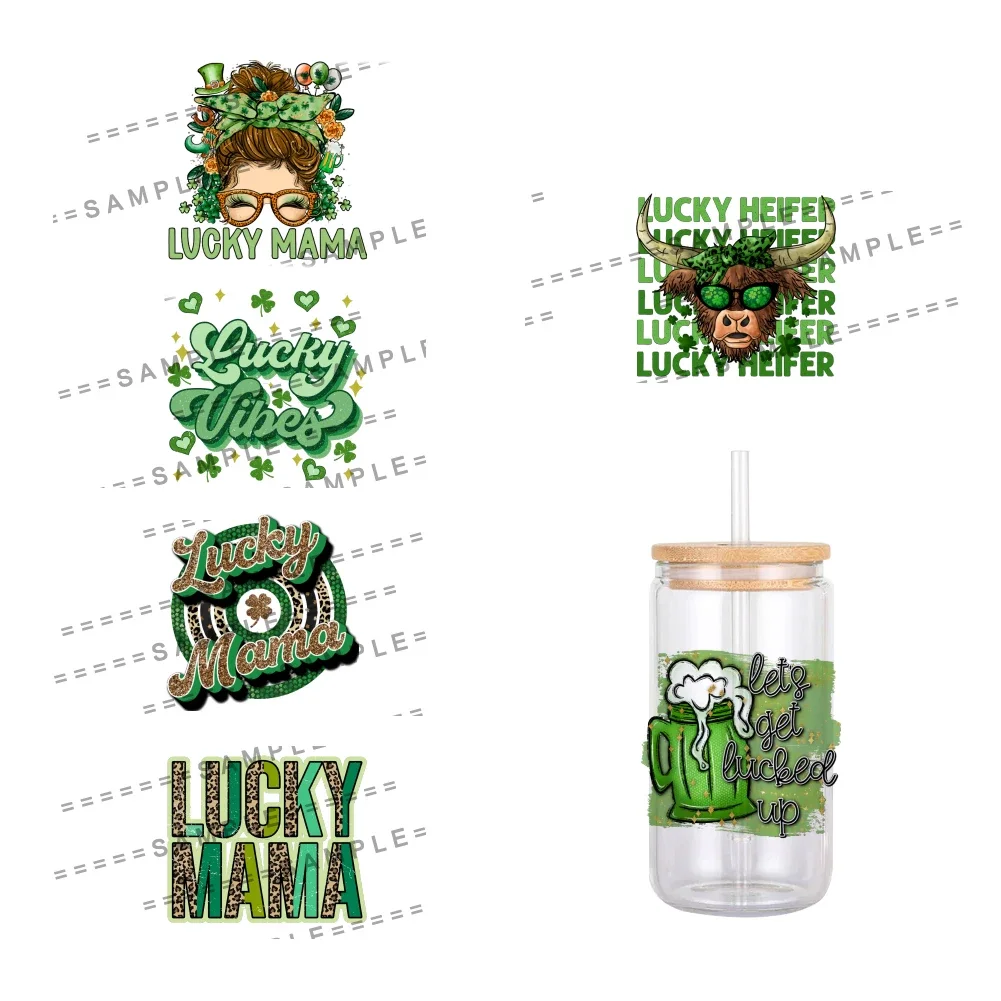 11x12cm Saint Patrick's Day Clover Pattern UV DTF Waterproof Transfers Decals For 16oz Glass Cup Wrap Stickers