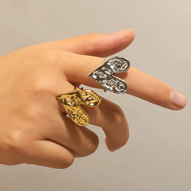 Edelstahl Hammer Muster großes Herz Öffnung goldenen Ring für Frauen Mode accessoires Textur Design Schmuck Geburtstags geschenke