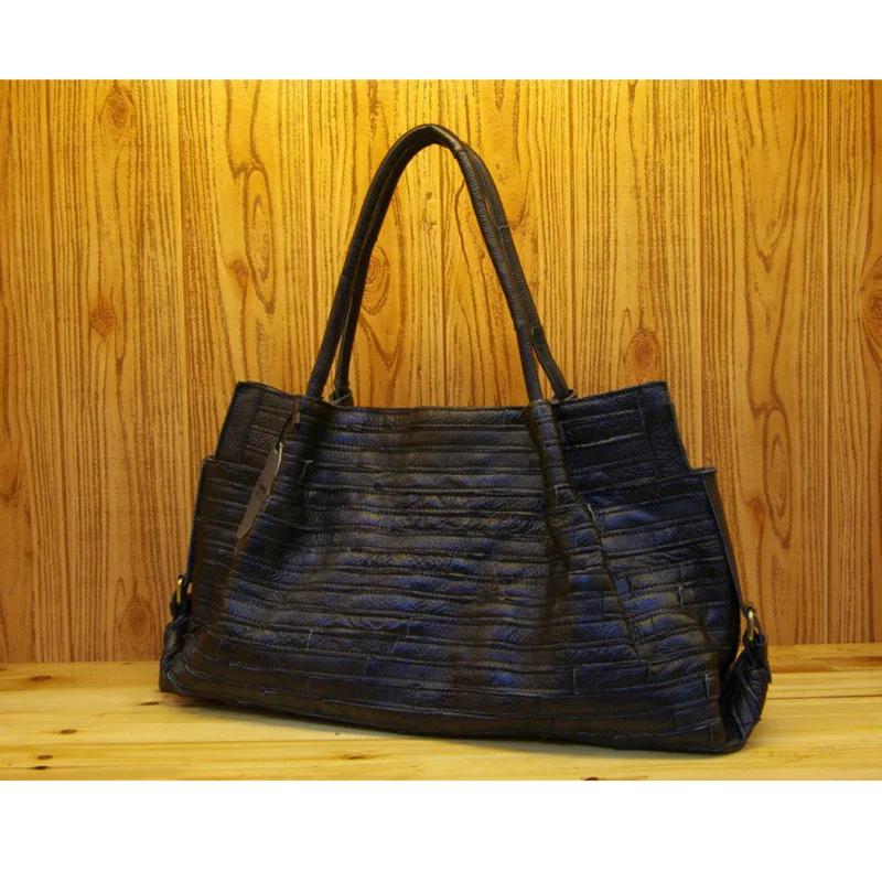 KK 2024 New Genuine Leather Women's Handbag Top grade Cowhide Casual Fashion Versatile Stripe Splicing Single Shoulder Crossbody
