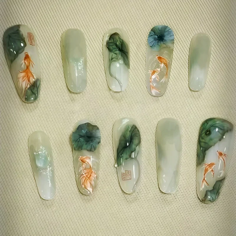 

10Pcs Oriental-Themed Press-On Nails with Lotus Leaf,Koi Fish,Bamboo Patterns Crescent Moon Designs Nail Tips for Women&Girls