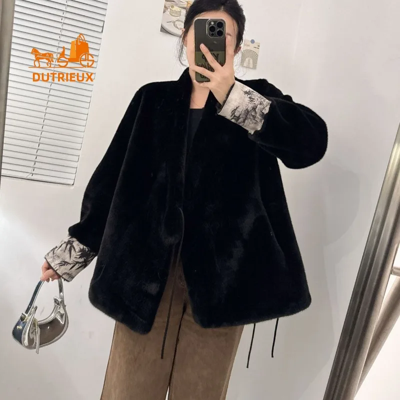 2025 New Winter Women's Double-faced Fur Coat, 100% Mink Fur, Fashionable Travel Office Warm Lace-up Floral Women's Jacket