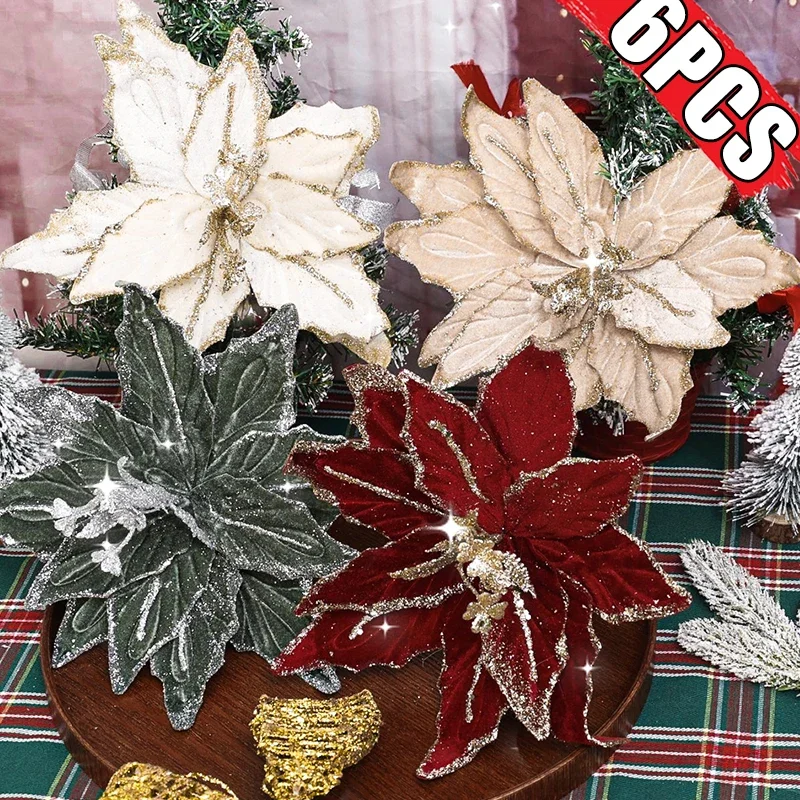 1-6pcs Glitter Artifical Christmas Flowers Red Gold Velvet S