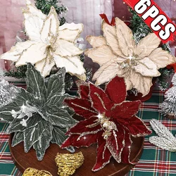 1-6pcs Glitter Artifical Christmas Flowers Red Gold Velvet Simulation Flower Xmas Tree Pendants New Year Party Hanging Ornaments