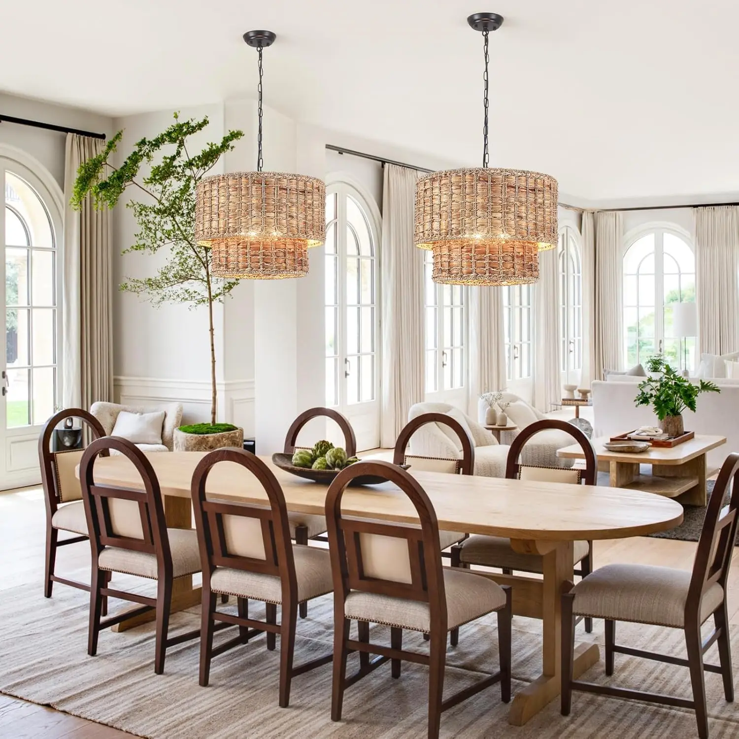 Generies-Lustre Boho Rattan com Abajur Jacinto de Água, Grande Luz Pingente de Quinta, Generies 2 Tiers, 5 Luzes, 18,9"