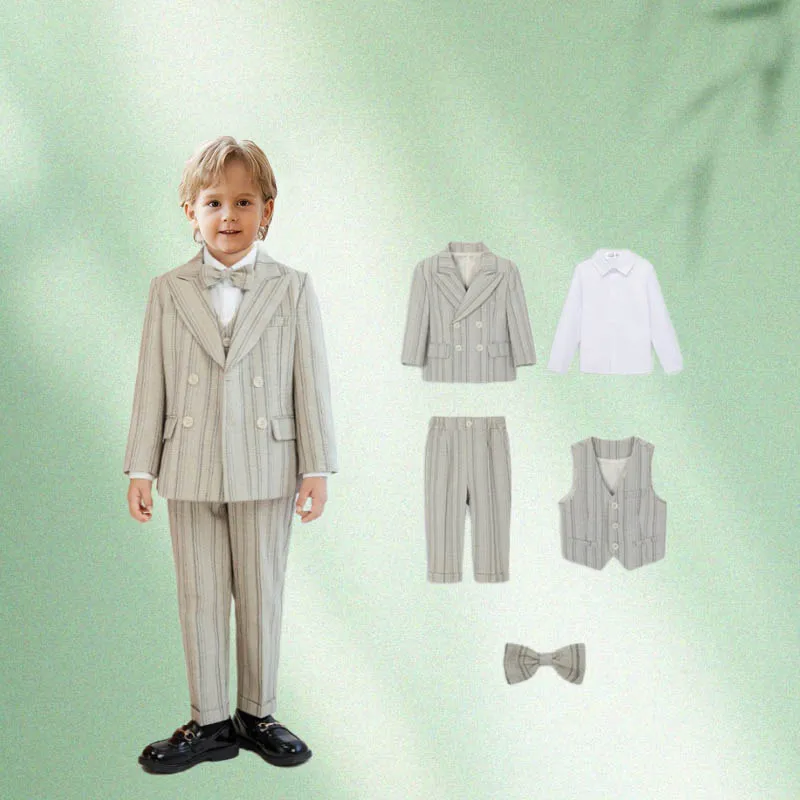 

5Piece Boys Festive Suit Set With Jacket Vest Pants Shirt Bowtie Kids Formal Weddding Dress Child Piano Host Performance Costume