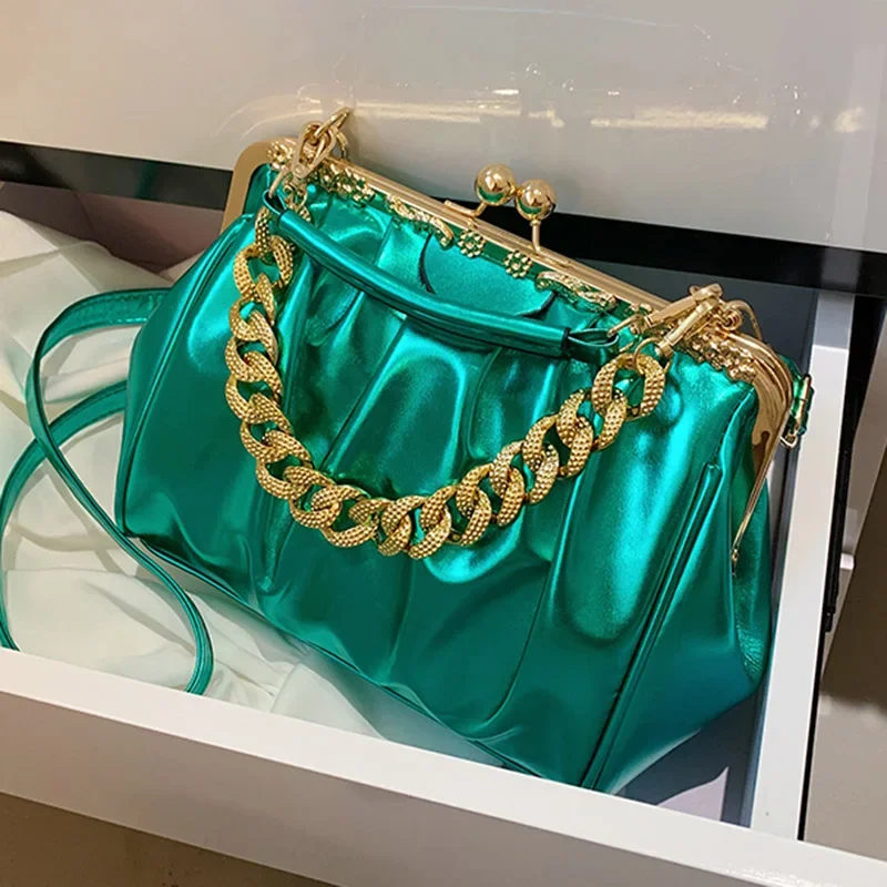 Brand Women Chain Shoulder Bags Kiss Lock Shell Clip Lady Silver Blue Green  Pu Leather Handbags And Purse Ruched Crossbody Bags