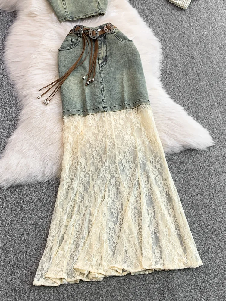 American Retro ort Denim Strap Weste Spitze Hohe Taille Schlank Spleißen f-länge Rock Zwei-stück Set frauen faion Ensemble