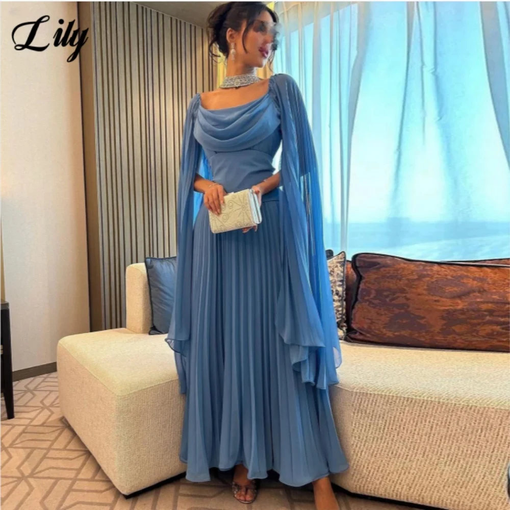 Lily Blue Elegant Prom Dress Scoop Ankle-Length Prom Gown Chiffon Pleating Beach Wedding Dresses robe de soirée femme Customized