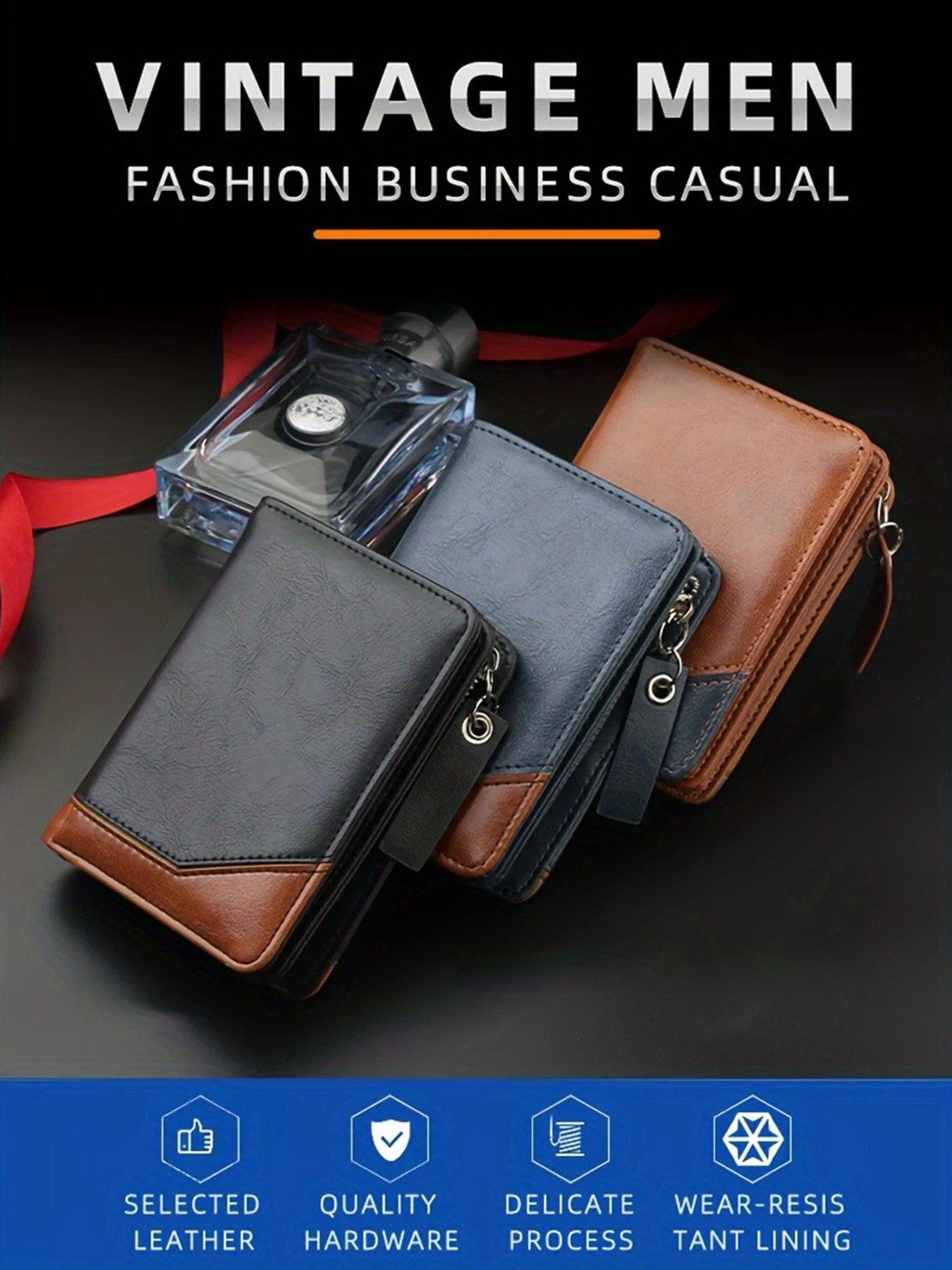 2024 neue männer PU Leder Kurze Brieftasche Mit Zipper Münzfach Vintage Große Kapazität Männlichen Kurzen Geld Geldbörse Karte halter – Detail 1