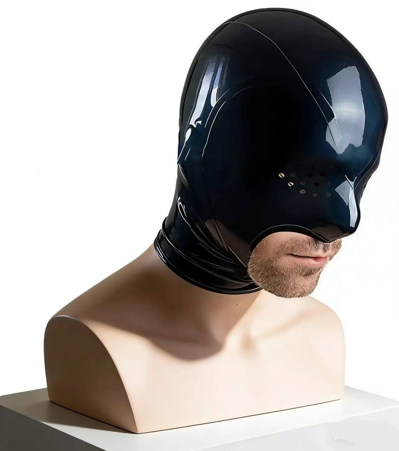 Sexy Natural Latex Hood Rubber Mask Handmade Open Mouth With Eyes Mesh Sex Halloween Fetish Cosplay Costumes for Men Back Zipper
