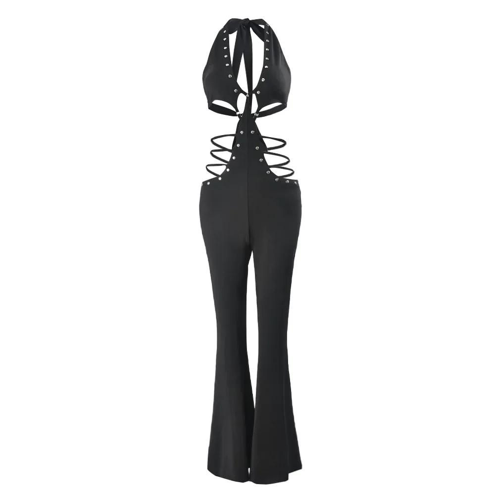 DSMTRC 2025 Sexy Black Jumpsuits Fashion Rivet Cut Out Flared Leg Playsuits Women's Summer Club Halter Backless Bandage Rompers