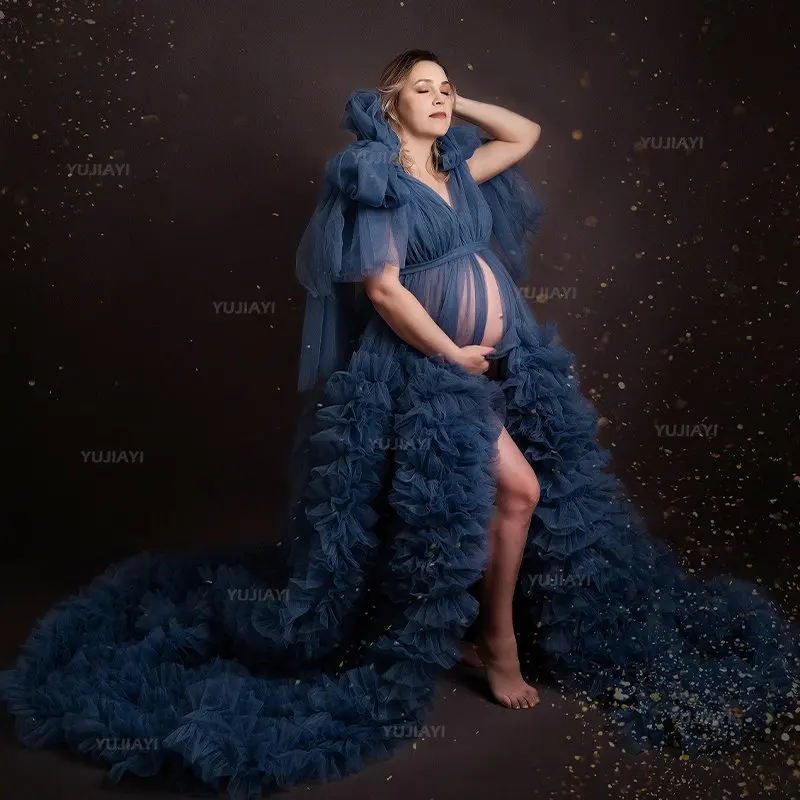 Luxury Maternity Dresses Extra Puffy Maternity Gown for Photoshoot Ruffled Tiered Skirts Women Long Robe Pregnancy Photography