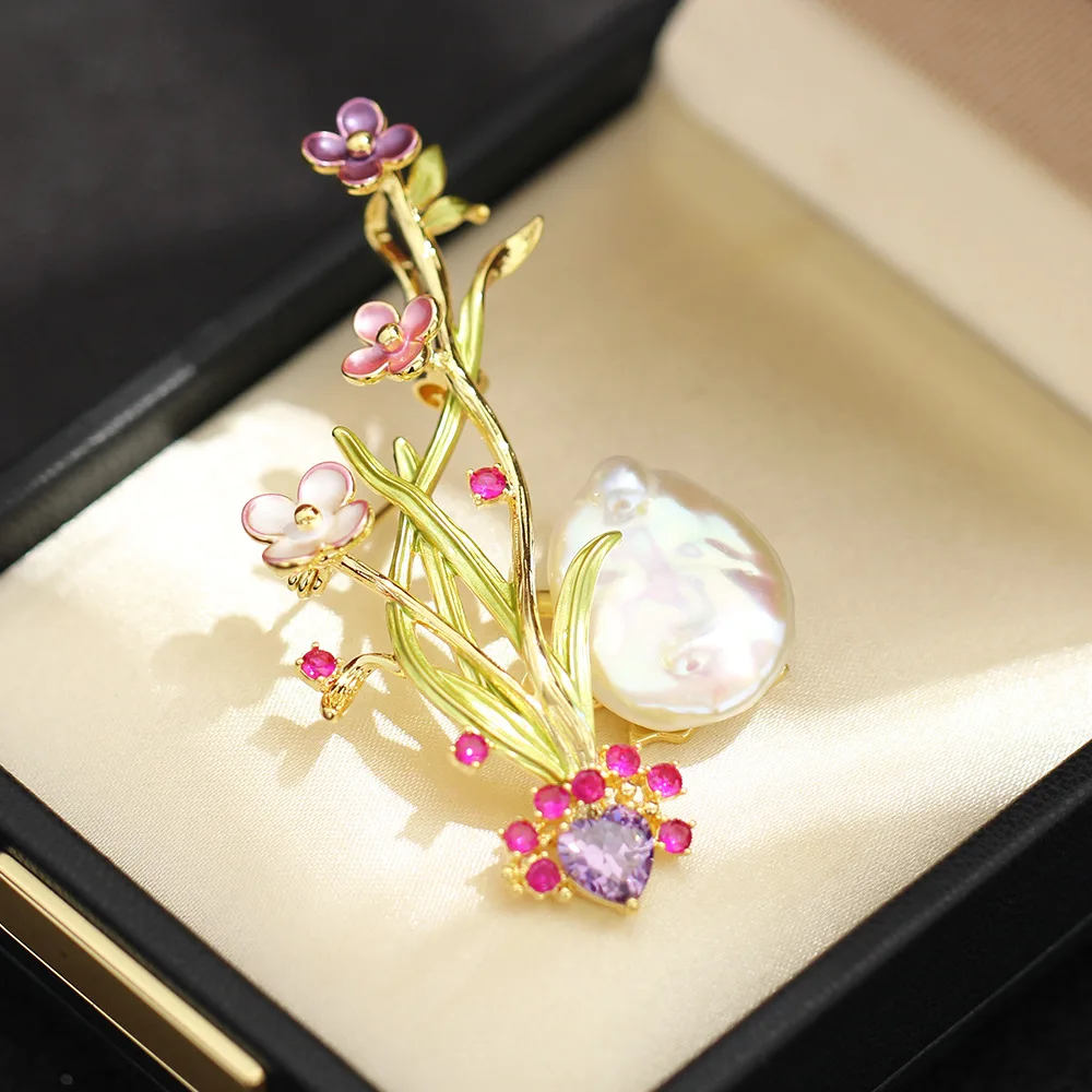 

Vintage Natural Baroque Pearl Corsage, Heavy Industry Enamel Glazed Flower Vine Brooch Pin for Women