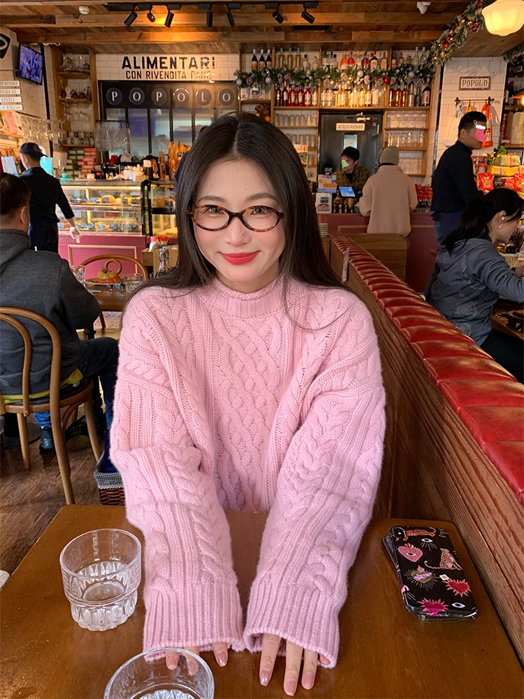 

Women's Knitted Sweater 2025 New Winter Loose Woolen Yarn Twist Small Size Pink Sheep Wool Warmth Long Sleeve round Neck Top