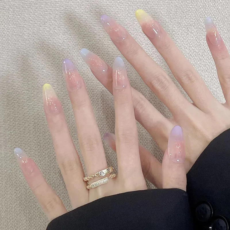 

24Pcs Medium Almond Rainbow Colors Gradient Press on Nails Full Cover Summer Cat Eye Design Wearing Fake Nails with Jelly Glue