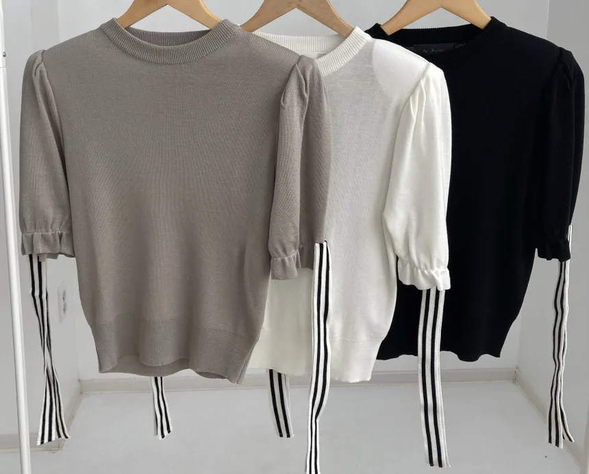 2023 Summer Korean Slim Knit Tshirt Women Sweater Tees Lace-up Sleeve O-neck Pullover Knitwear Fashion Casual Ice Silk Tops