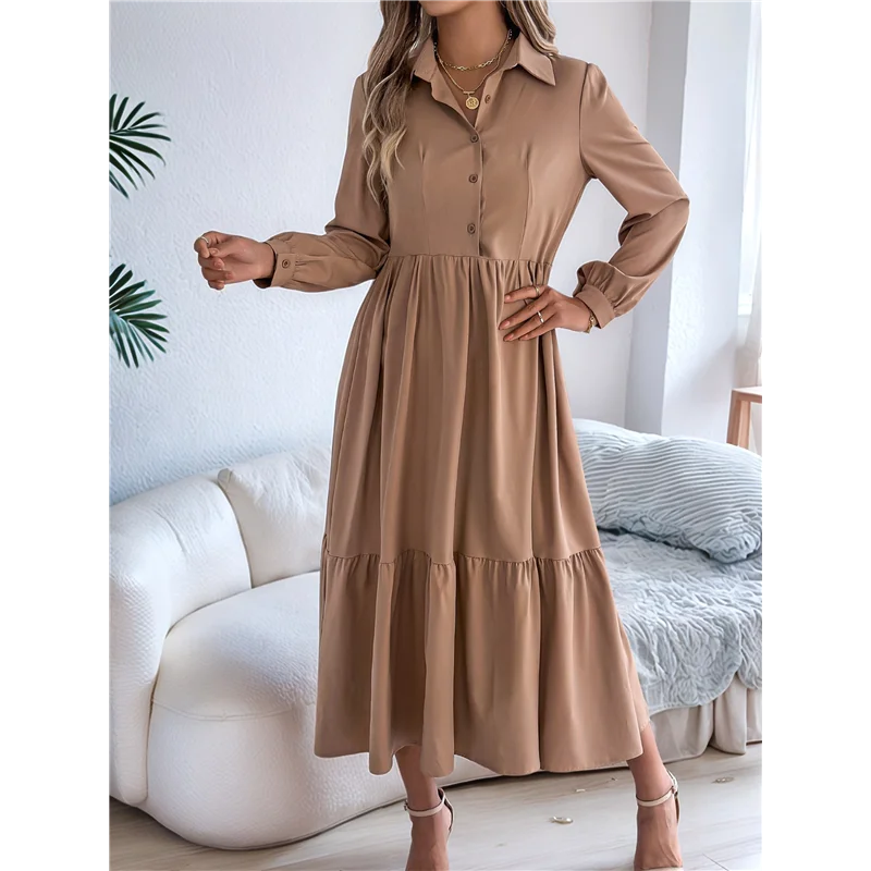 【Decorazione per feste】 Abito camicia casual da donna con maniche a 3/4 e bottoni, scollo a V, colletto a strati, maxi abito fluido