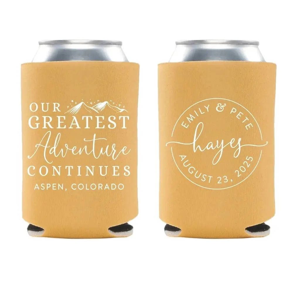 

Our Greatest Adventure Continues - Wedding Can Cooler #163R - Custom -Wedding Favors, Insulated, Beer Huggers, Wedding Favor, Be