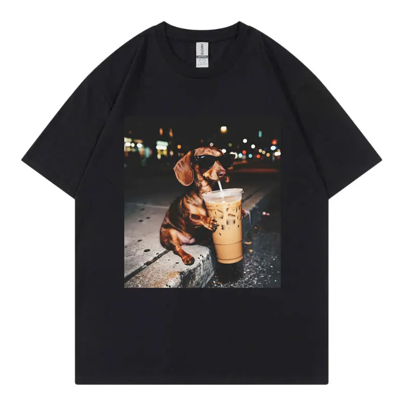 Funny Dachshund Drinking Iced Coffee Meme Graphic T Shirts High Street Fashion Trend T-shirts Men Women Casual Cotton T-shirt