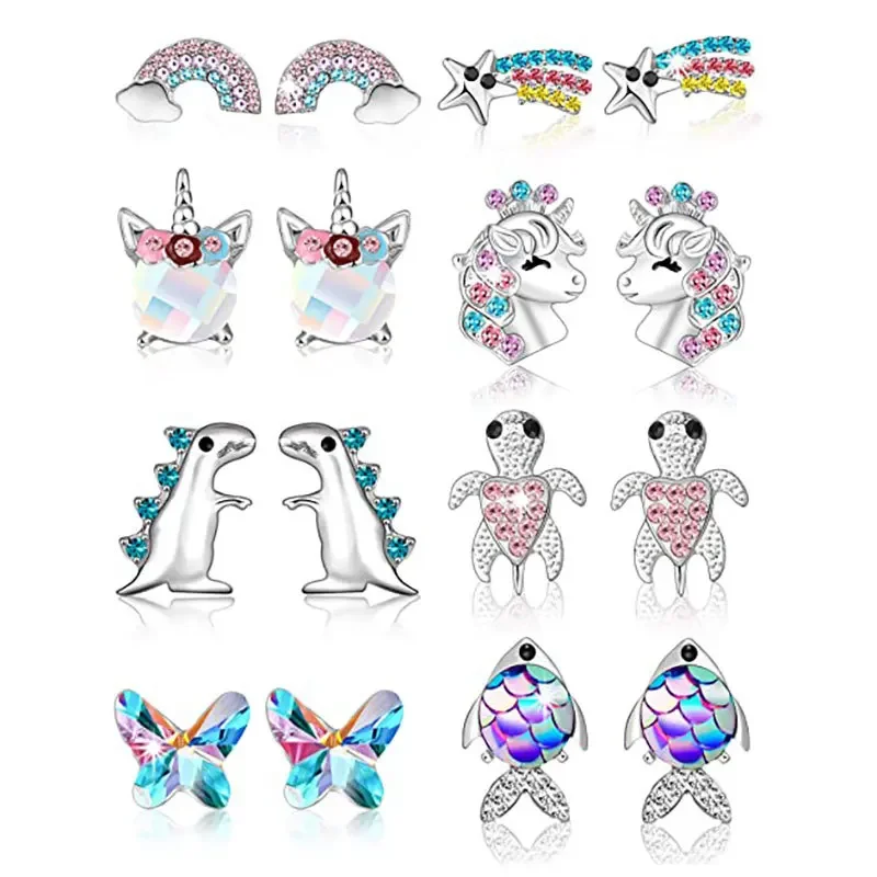 Xingyunday bonito unicórnio arco-íris brincos para crianças meninas colorido zircão animal orelha parafuso prisioneiro moda cor prata jóias presentes