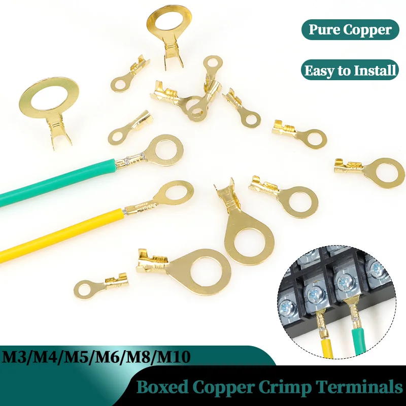150~540pcs Boxed Terminal Block Connector M3/M4/M5/M6/M8/M10 O-type Ground Lugs Terminal Cold-Pressed Copper Tab Wiring Nose