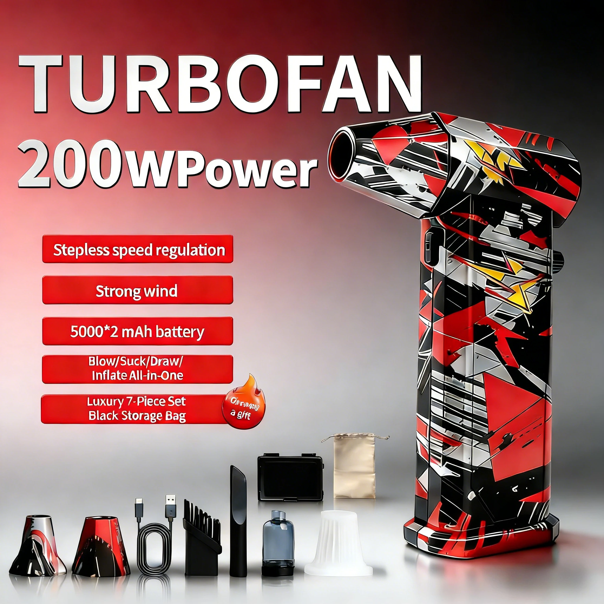 

X9 Violent Fan 130000RPM Turbo Jet Fan 5000mAh * 2 Мощный воздуходувка Duster Cleaner 200W Высокомощный канальный вентилятор для очистки автомобиля ПК