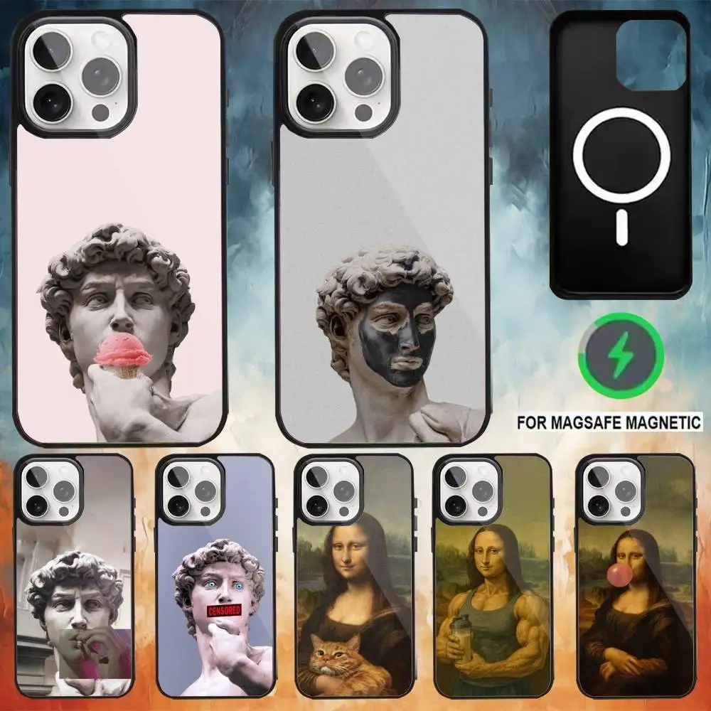 

Aesthetic David Mona Lisa Phone Case For iPhone 17 16 15 14 13 12 Pro Max Plus for Magsafe Mirror Wireless Magnetic Cover