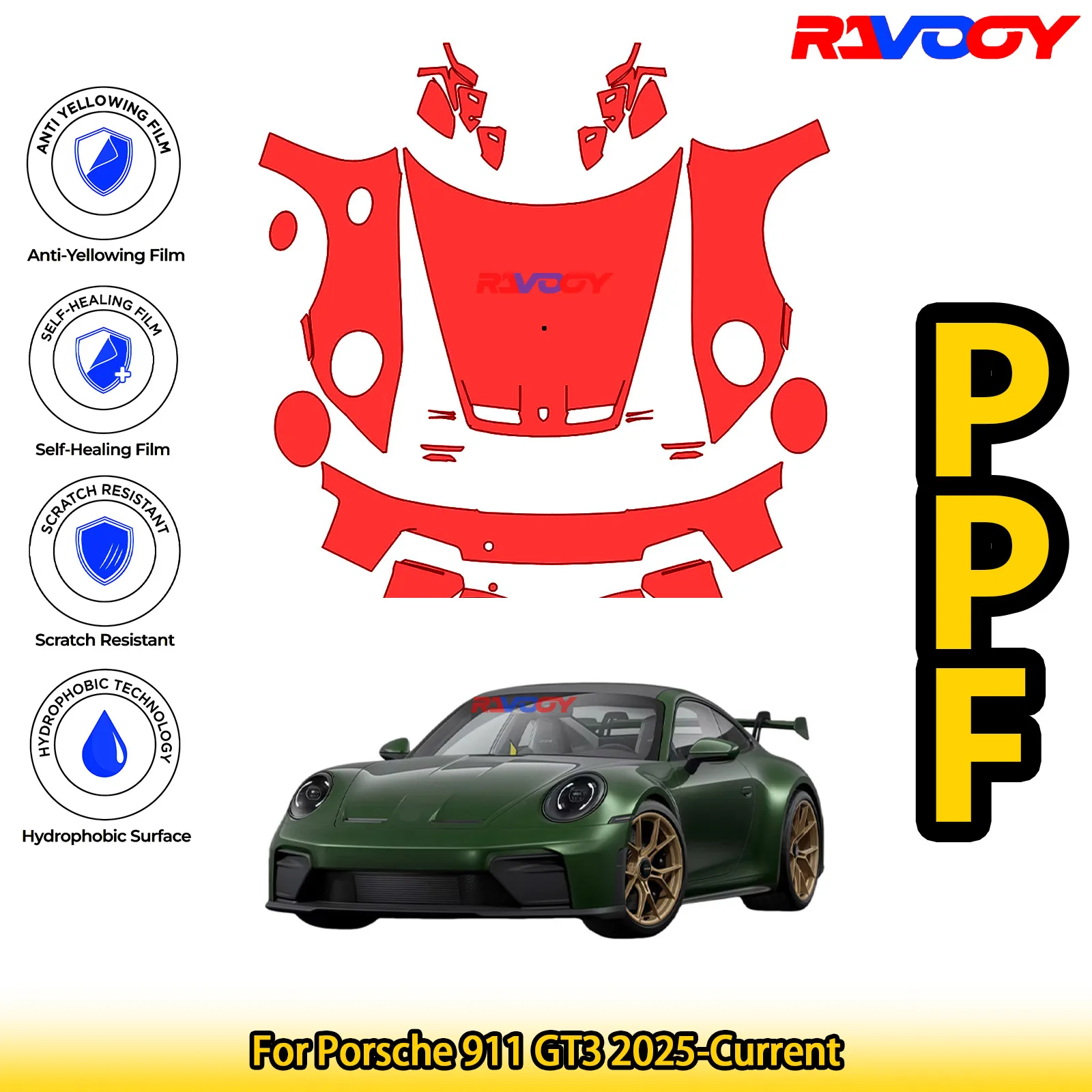 For Porsche 911 GT3 2025-Current Glossy Matte Black Precut front PPF Kit Paint Protection Film