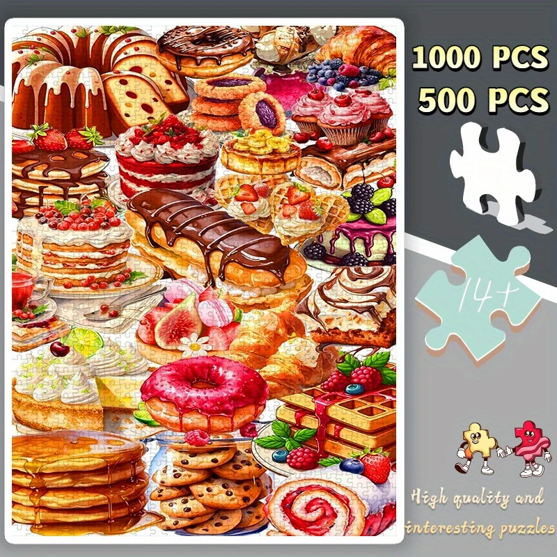 1000 o 500 piezas Enorme rompecabezas de desafío - Mesa para fiesta de cumpleaños de postre con magdalenas, donuts, tartas - para adultos y familia