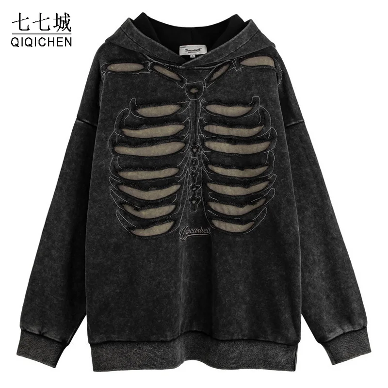 Hip Hop Hoodies Sweatshirts Men Vintage Distressed Hollow Skeleton Hoodie Pullover Gothic Casual Oversize Coat Unisex Streetwear