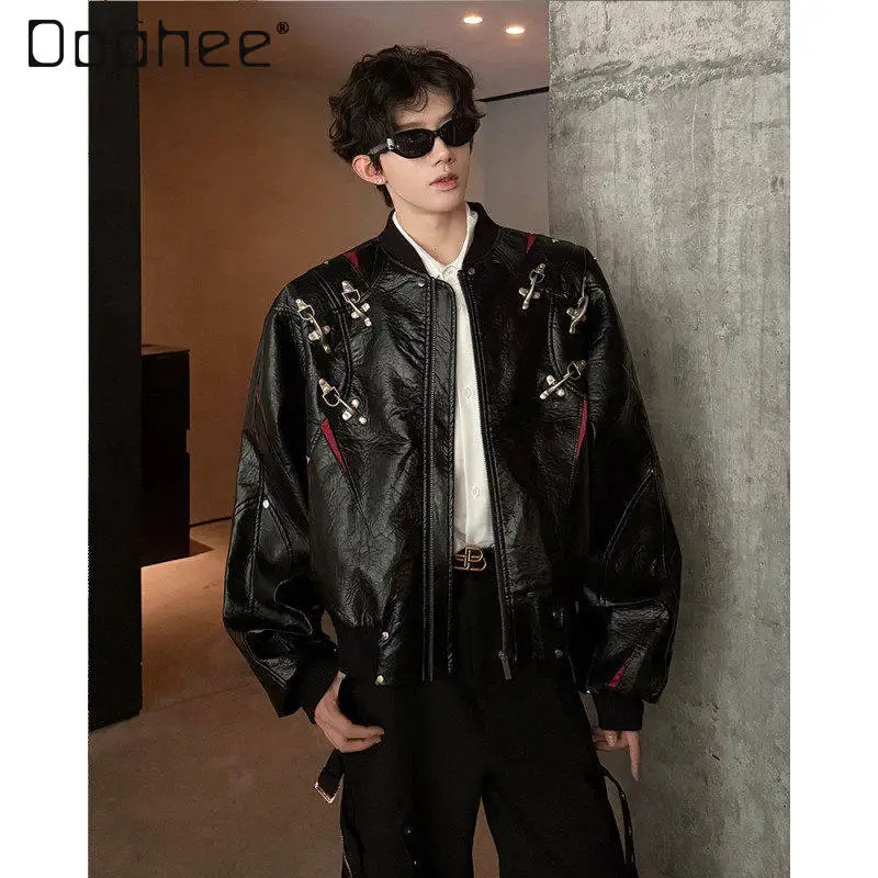 Spring Autumn New Dark Street Locomotive Wind Cool Handsome Men's Metal Aircraft Buckle Short Deconstructed PU Leather Jacket
