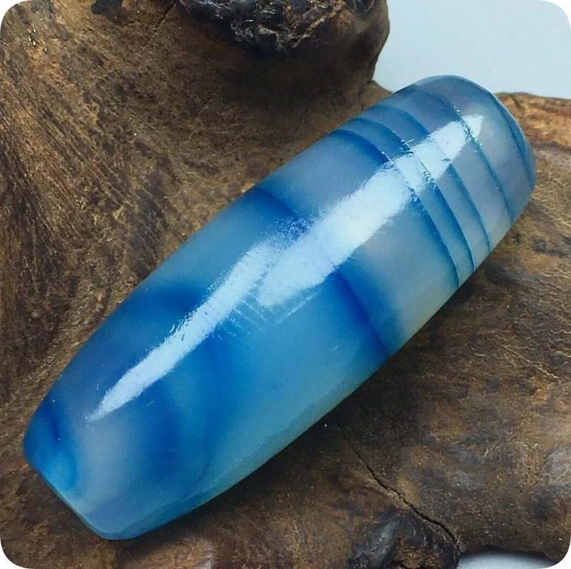 Tibetan Natural Blue Old Agate Dzi Silkworm Lines Bead Pendant 39mm S0823