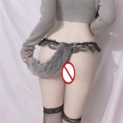 Fox Tail Rabbit Tail Cute Sexy Lingerie Underwear Plush Pearl G String Kawaii Lolita Female Pearl Thong Briefs Panties