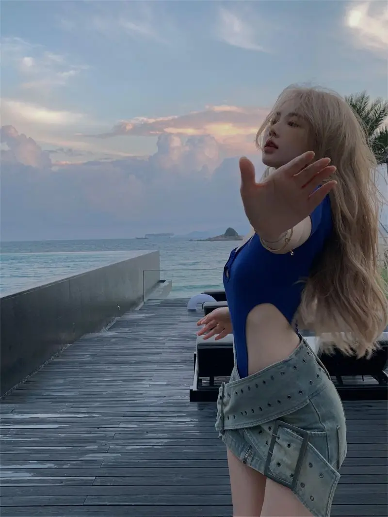 

2025 Women's Y2K Blue Cutout Bodysuit - Short Sleeve Detail Slim Fit Bodysuit, Sexy Edgy Streetwear for Summer emo