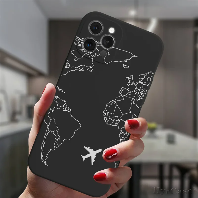 Earth World Map Plane Couple Phone Case for iPhone 16 15 14 13 12 11 Pro Max Mini SE Matte Silicone Soft Paried Cover Fundas Bag