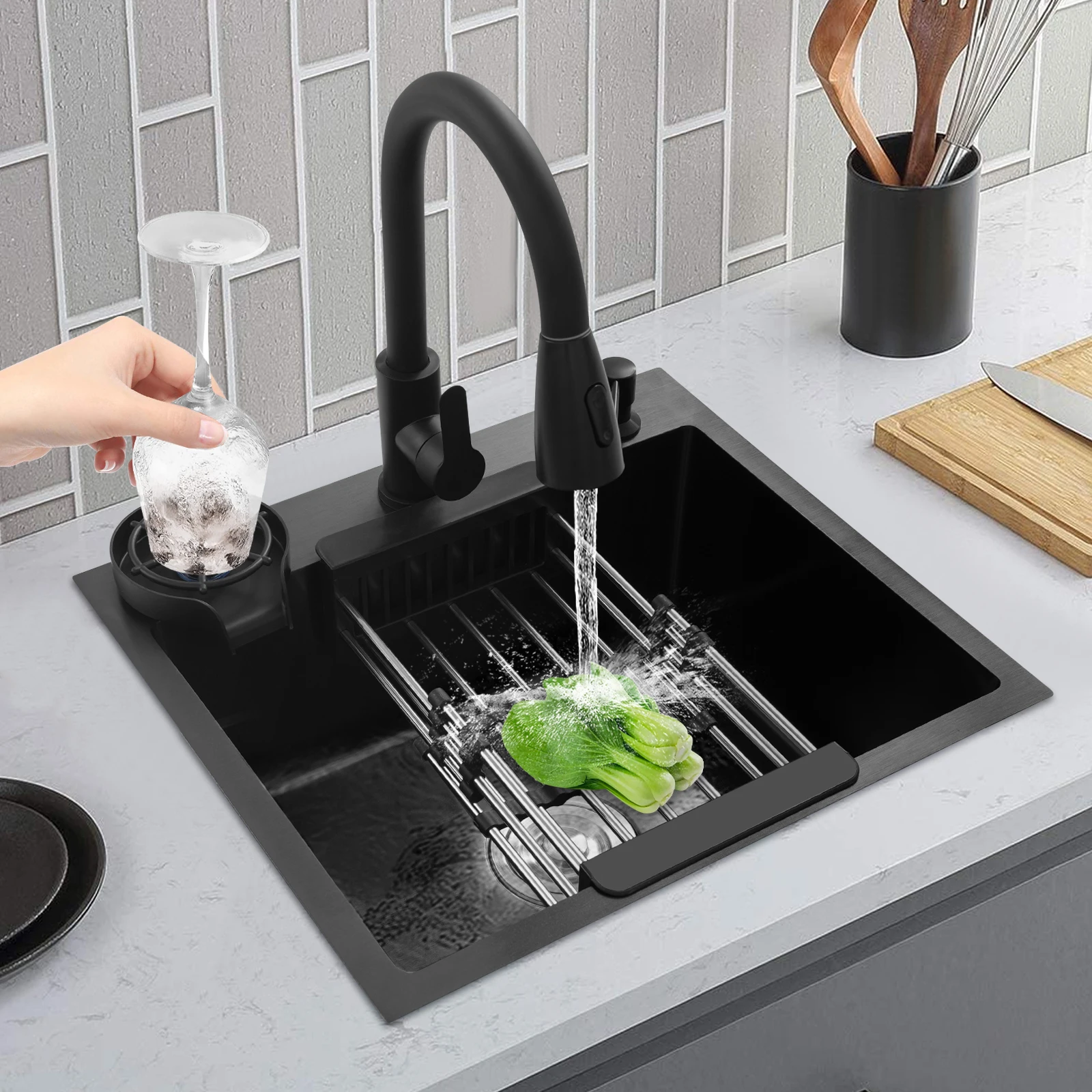 19.69*17.72in Kitchen Sink with Pull-Out Faucet Soap Dispenser Cup Washer Drain Basket Drain for Kitchens Cafes Bars Hotels