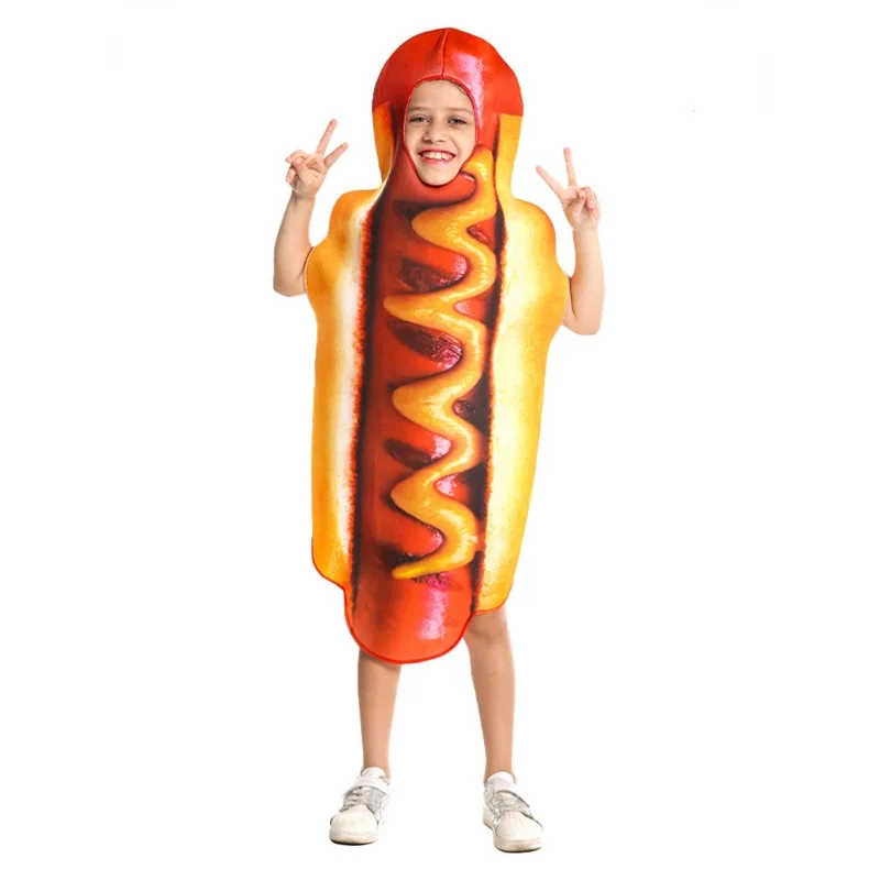 Adult Kids Funny 3D Print Hot Dog Costumes Halloween Food Sausage Men Women Boys Unisex One-Piece Costume Carnival Jumpsuit -B