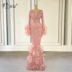Luxury Pink Mermaid Evening Dresses Feather Beaded Long Sleeves African Woman Celebrity Party Gown Robe De Soiree Custom Made