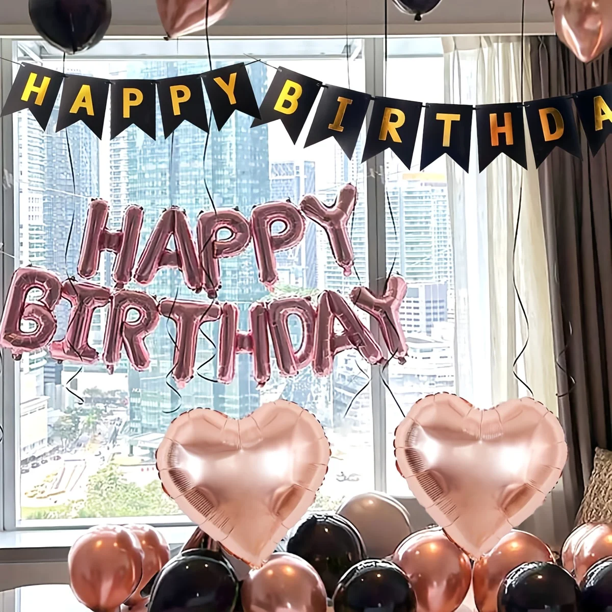 45 Stück Roségoldene schwarze Geburtstagsballons Alles Gute zum Geburtstag Banner Partydekorationen Herz Folienballons Festival Urlaubszubehör