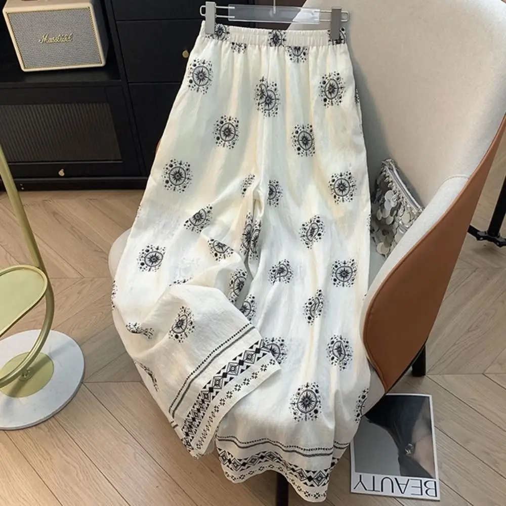 Boho Printed Long Pants Bkack White Thin Women's Wide Leg Trousers Loose Drooping Sensation Straight-Leg Pants For Women
