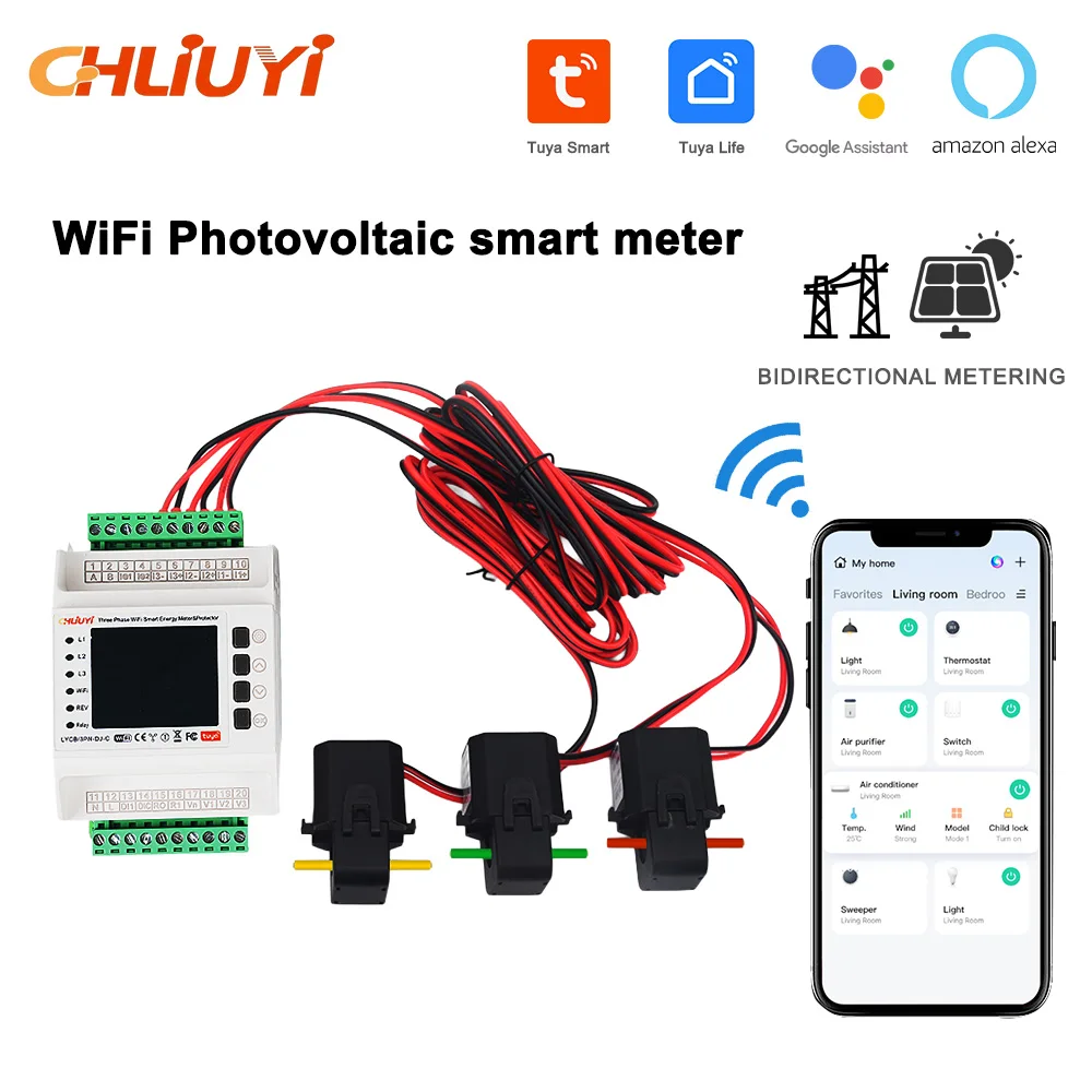 Tuya WiFi Smart Transformer Three-Phase Meter with Overcurrent Overload Over/Under Voltage Protection 3 CT for Home Automation