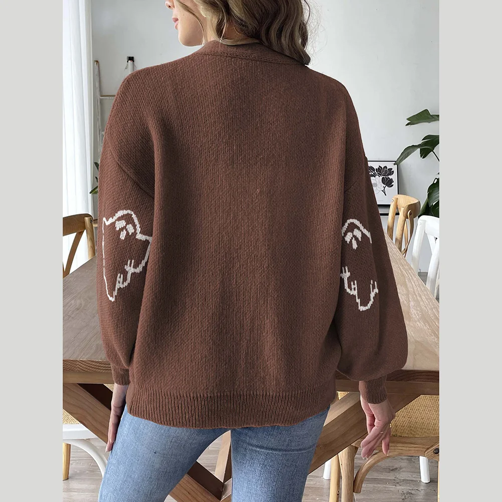 Lightweight Loose Casual Button Cardigan Sweater for Women with Cartoon Jacquard Pattern Fits Multiple Seasons