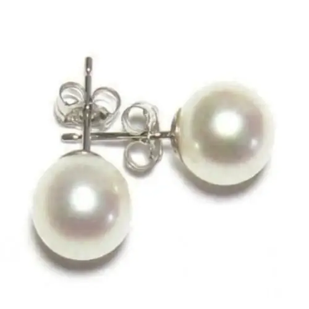 Natural Pearl Earrings AAA 9-10mm Japanese Round Pearl Earrings 14K White Gold